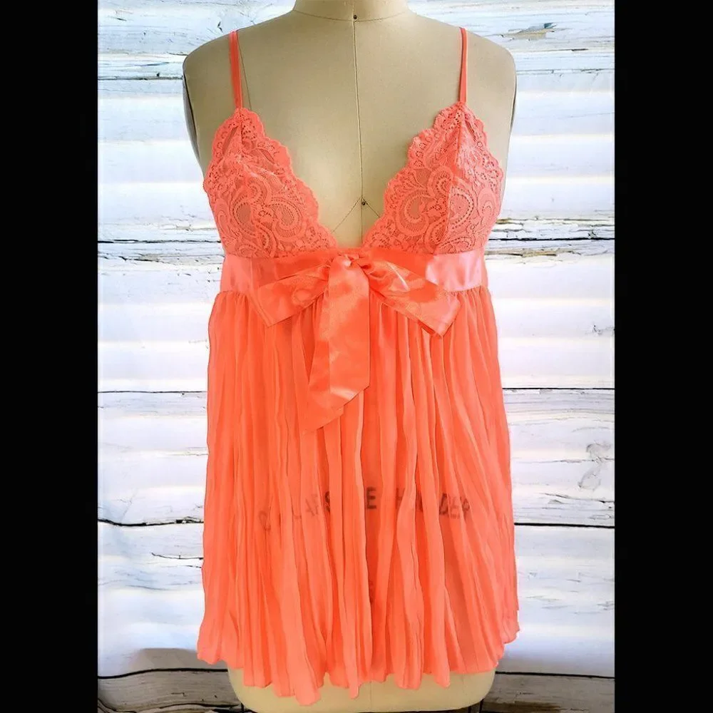 Victoria Secrets orange chiffon pleated skirt babydoll bow lingerie nightie